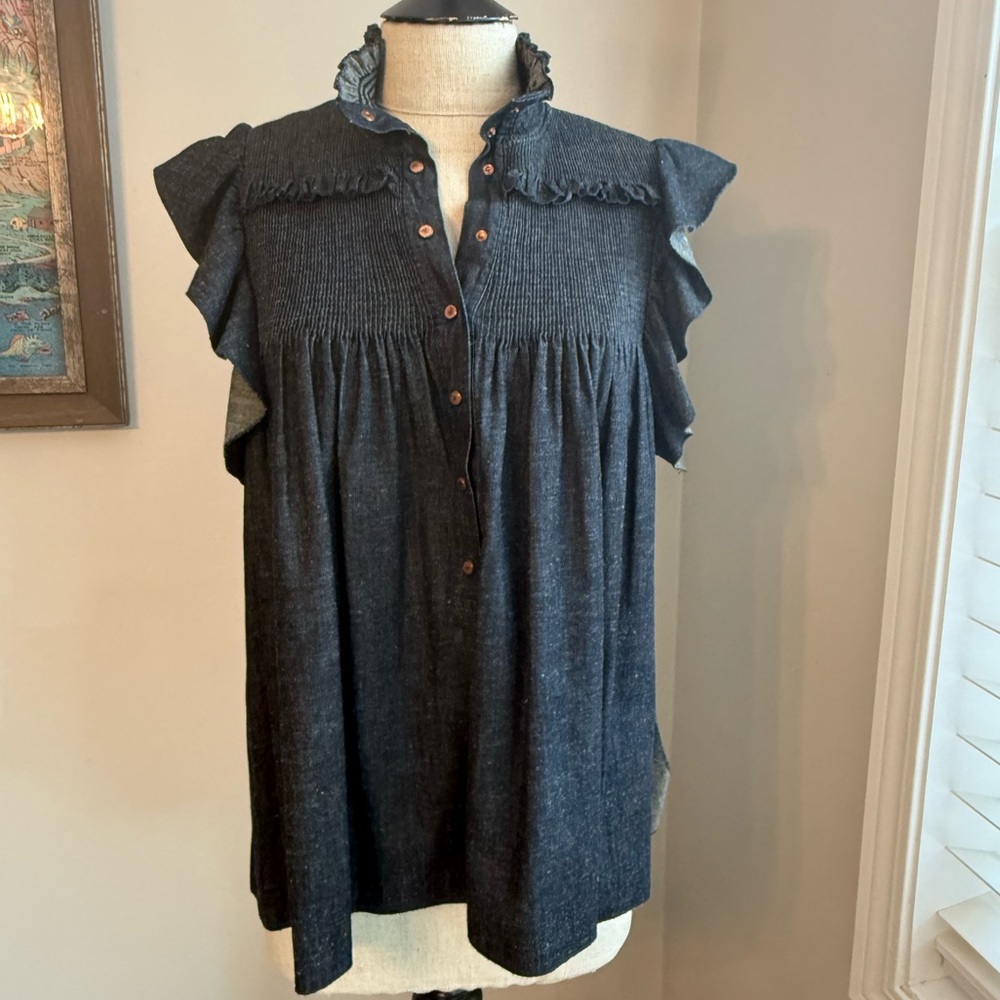 SEE BY CHLOÉ Denim Pintuck Blouse In Moonless Night